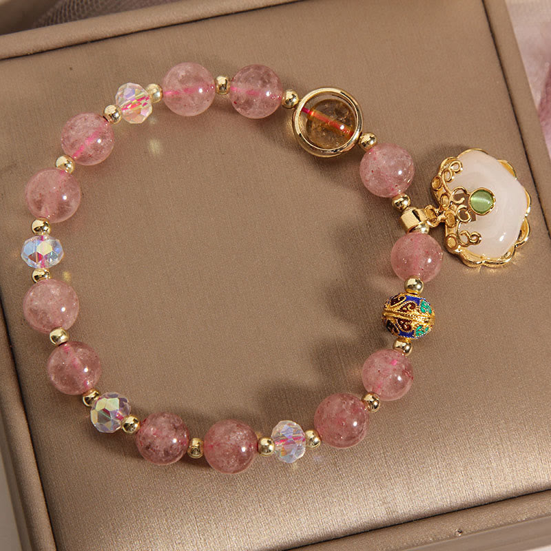 Buddha Stones Strawberry Quartz Green Crystal Amethyst Healing Chinese Lock Charm Bracelet