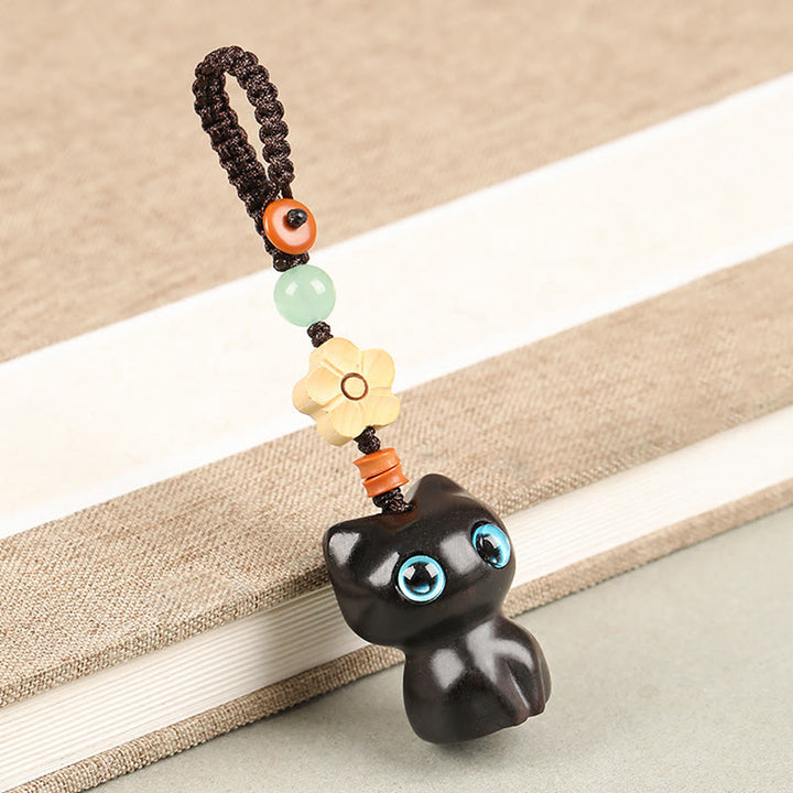 Buddha Stones Mini Small Leaf Red Sandalwood Ebony Wood Lucky Cat Lovely Kitty Peace Key Chain Phone Hanging Decoration - Key Chain - Ebony Cat - image 3
