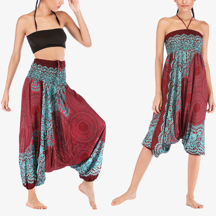 Buddha Stones Two Style Wear Round Geometric Pattern Loose Smocked Harem Trousers Jumpsuit High Waist Women's Yoga Pants