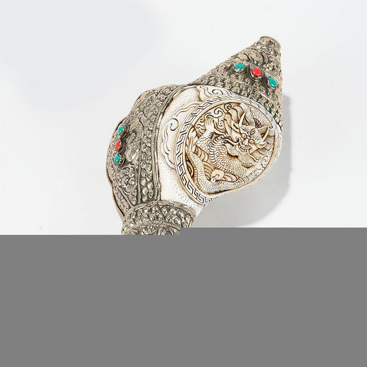 Tibetan Natural Shankha Conch Shell Seashell Wealth Lucky Home Decoration - Carved Dragon 26.5*14cm - image 18