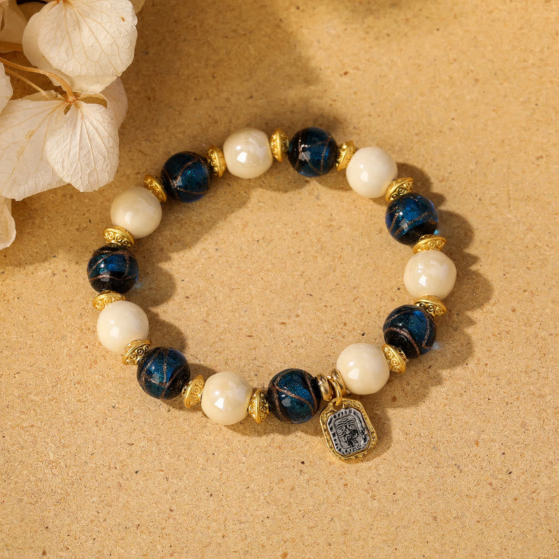 Buddha Stones Tibetan Zakiram Goddess of Wealth Charm Liuli Glass Incense Ash Porcelain Bead Protection Bracelet - Beige Porcelain - Blue Liuli Glass Bead - image 16