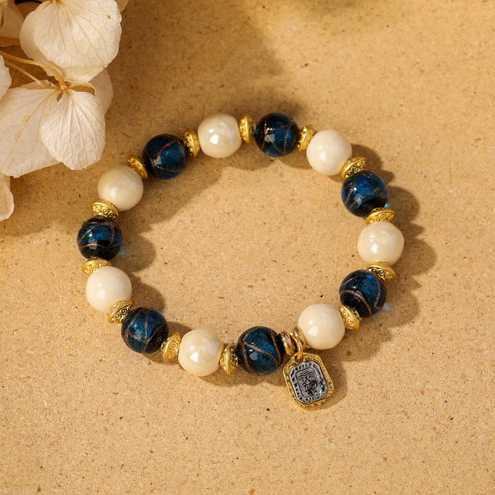 Buddha Stones Tibetan Zakiram Goddess of Wealth Charm Liuli Glass Incense Ash Porcelain Bead Protection Bracelet - Beige Porcelain - Blue Liuli Glass Bead - image 16