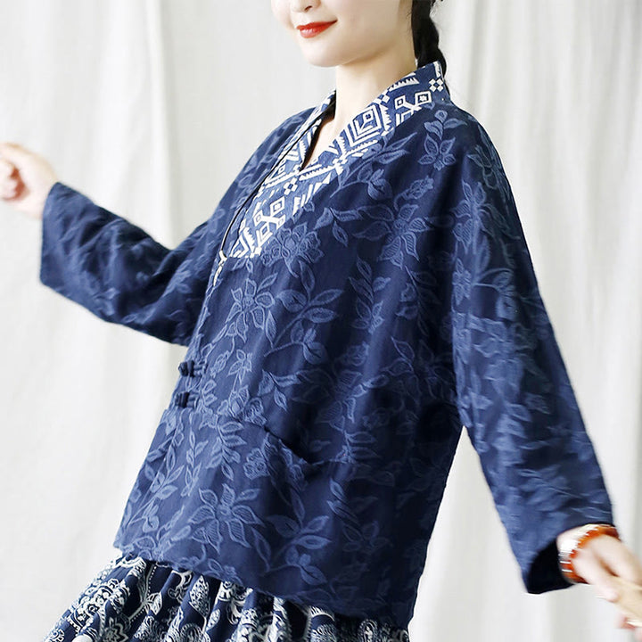 Buddha Stones Flower Jacquard V-Neck Long Sleeve Jacket