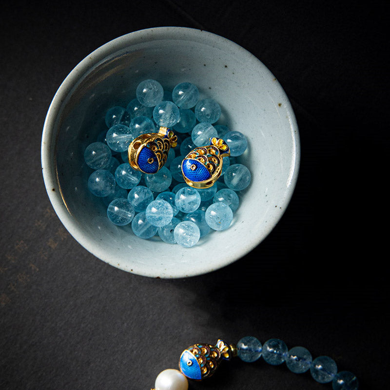 Buddha Stones Natural Aquamarine Lazurite Lapis Lazuli Fish Healing Bracelet - image 6