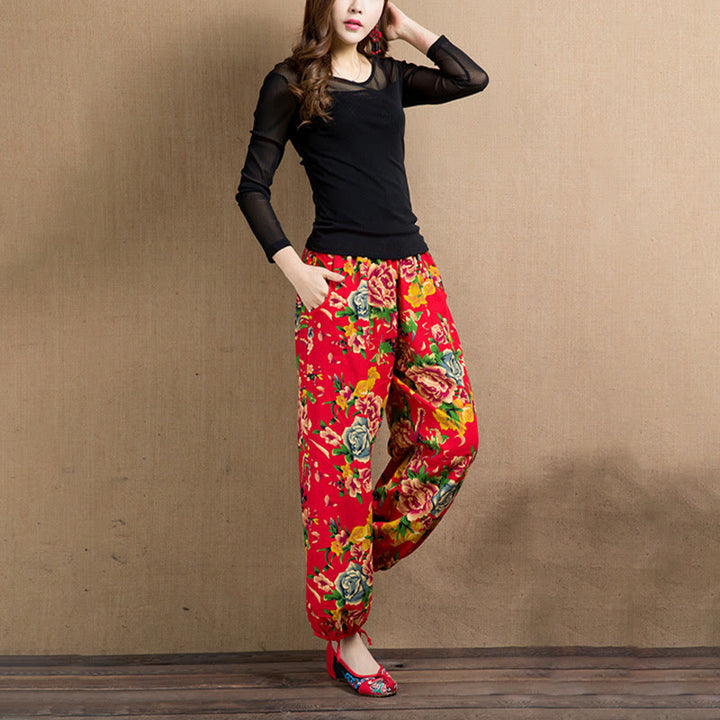 Buddha Stones Ethnic Style Red Green Flowers Print Harem Pants With Pockets