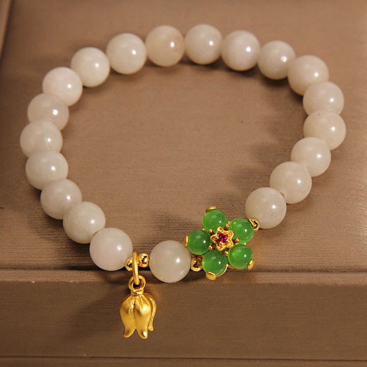 Buddha Stones Natural Jade Green Flower Lily Of The Valley Luck Bracelet