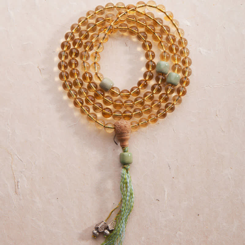 108 Mala Beads 925 Sterling Silver Citrine Sandalwood Turquoise Protection Prosperity Bracelet - Citrine (Happiness ♥ Prosperity) - image 0