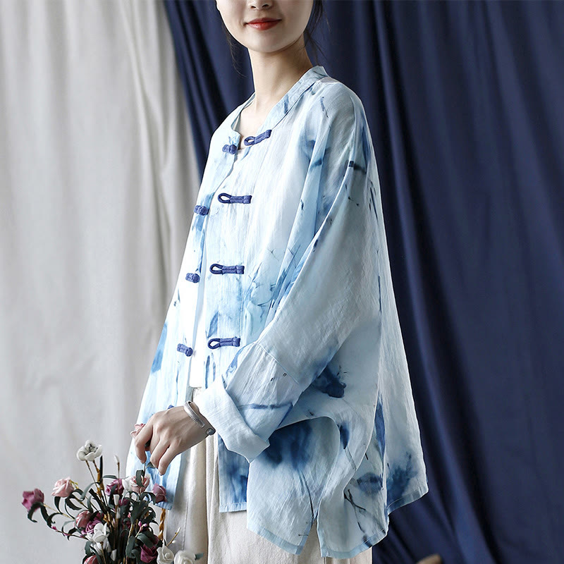 Buddha Stones Tie Dye Blue Flowers Frog-Button Design Long Sleeve Ramie Linen Jacket Shirt