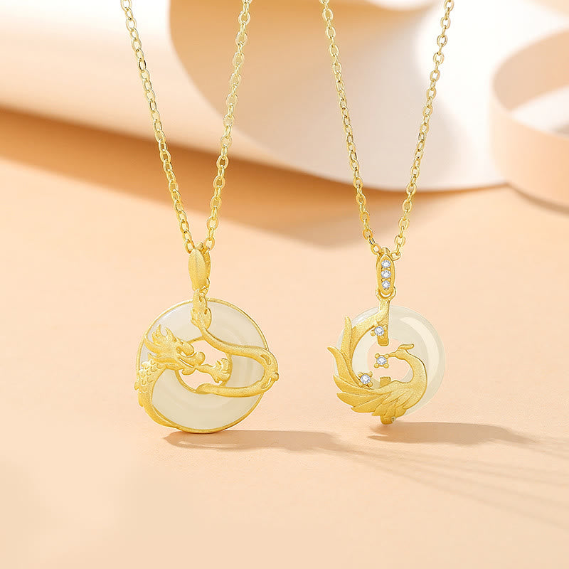 ❗❗❗A Flash Sale- Buddha Stones 925 Sterling Silver Year of the Dragon Hetian Jade Golden Dragon Phoenix Peace Buckle Luck Necklace Pendant - image 0