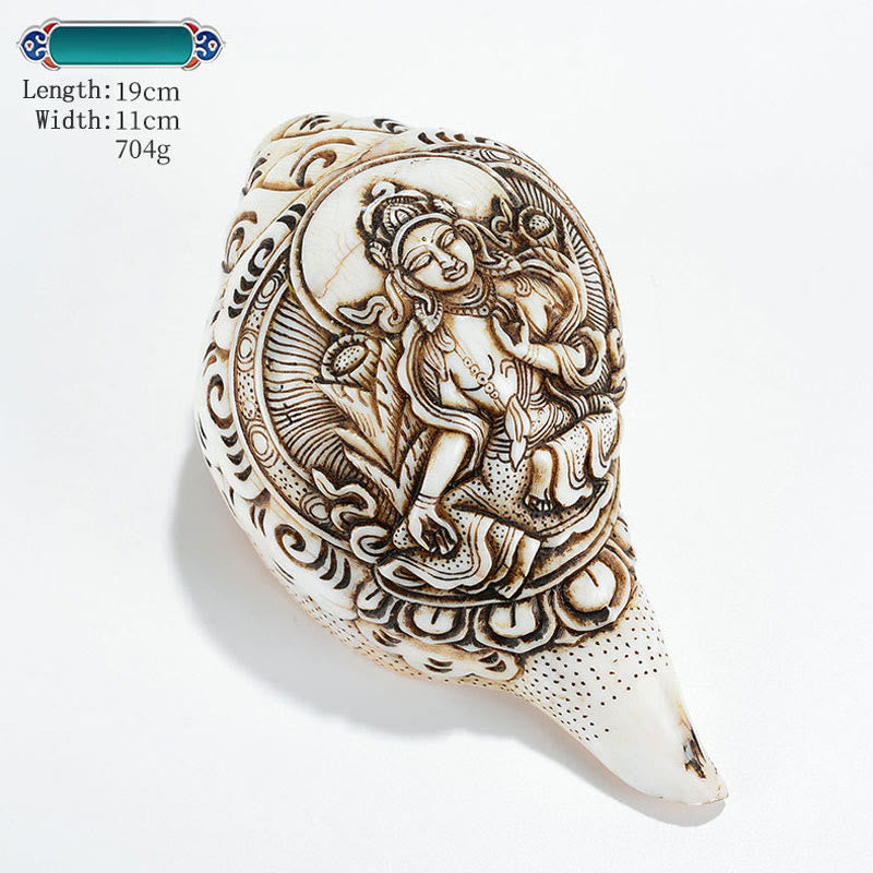 Tibetan Handmade Engraved Shankha Buddha Avalokitesvara Conch Shell Wealth Decoration - Green Tara 19*11cm - image 16