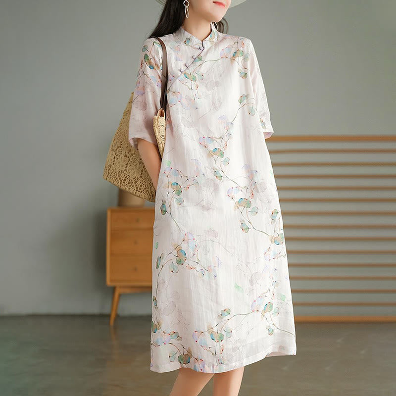 Buddha Stones Frog-button Leaves Branches Midi Dress Cotton Linen Short Sleeve Dress With Pockets