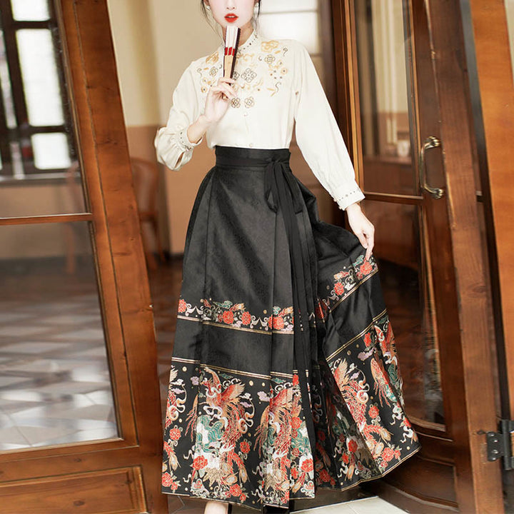 Buddha Stones Long Sleeve Shirt Embroidery Top Chinese Hanfu Phoenix Horse Face Skirt Mamianqun