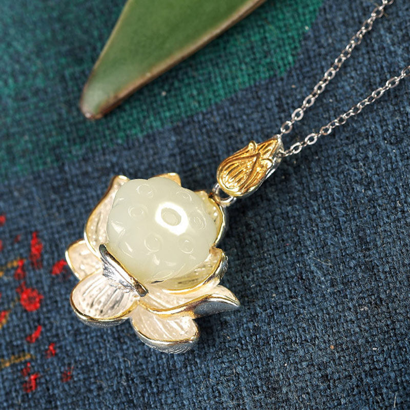 White Jade Lotus Flower Happiness Necklace - image 8