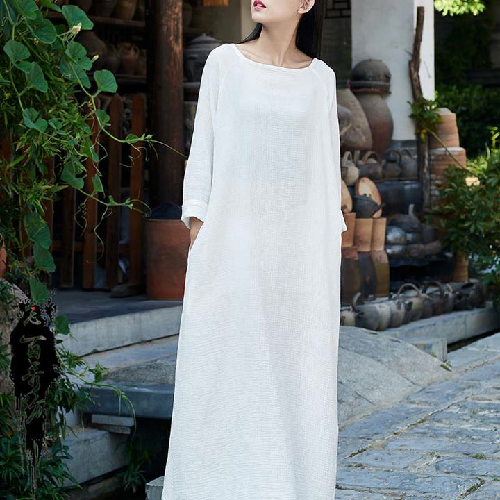 Buddha Stones Simple Midi Dress Cotton Linen Zen Tunic Dress With Pockets