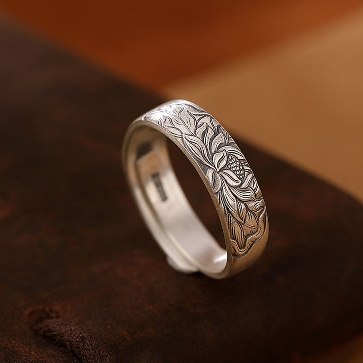 Buddha Stones 999 Sterling Silver Lotus Flower Plum Blossom Auspicious Clouds Engraved Enlightenment Ring - Lotus Flower - image 1