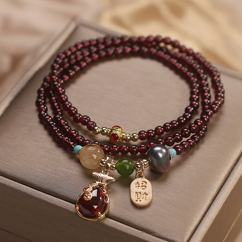 Buddha Stones Multi Layered Natural Garnet Jade Coin Money Bag Attracting Wealth Protection Bracelet