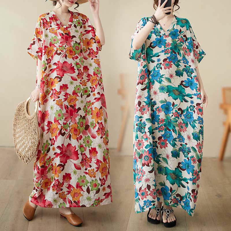 Buddha Stones Red Blue Green Flowers Midi Dress Cotton Half Sleeve Dress With Pockets