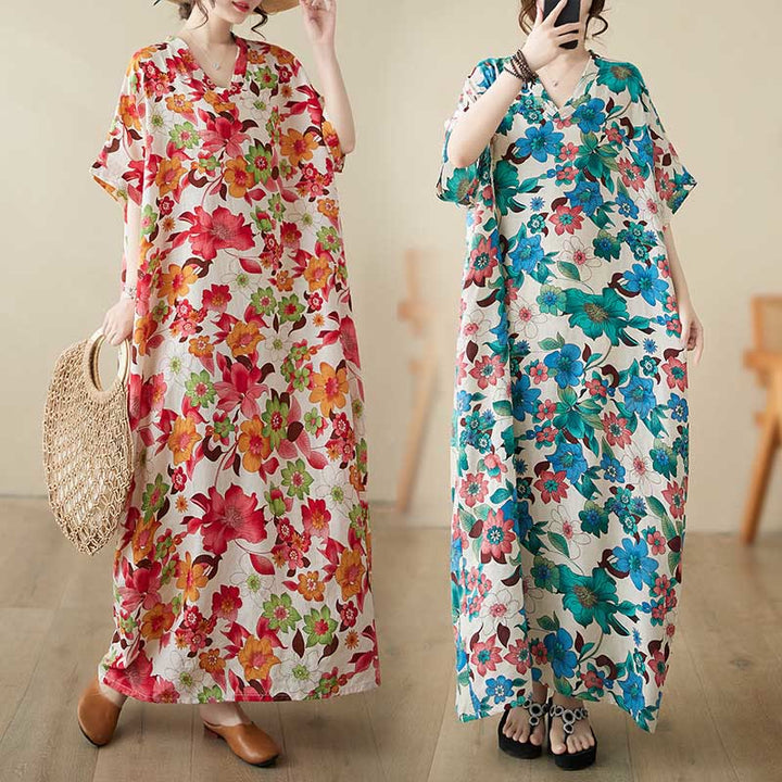 Buddha Stones Red Blue Green Flowers Midi Dress Cotton Half Sleeve Dress With Pockets