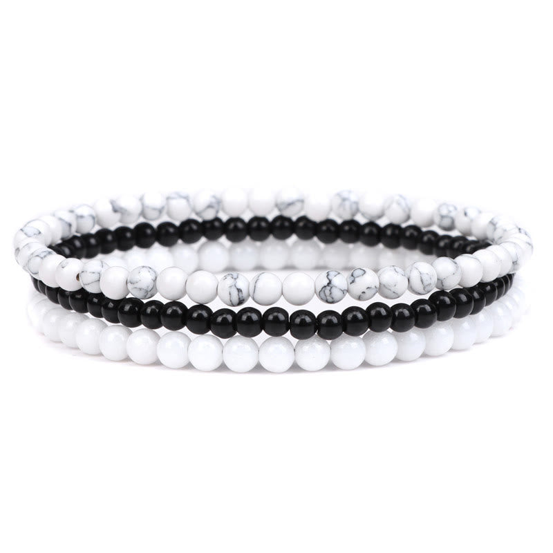 Buddha Stones 3Pcs Natural Crystal Stone Inner Peace Spiritual Bracelet - 4mm White Turquoise&Black Glass Beads&White Porcelain Beads(Wrist Circumference 15-16cm) - image 12