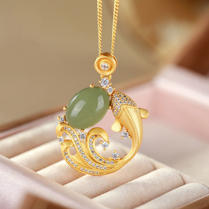Buddha Stones Cyan Jade Koi Fish Healing Calm Necklace Pendant - 45+5cm - image 1
