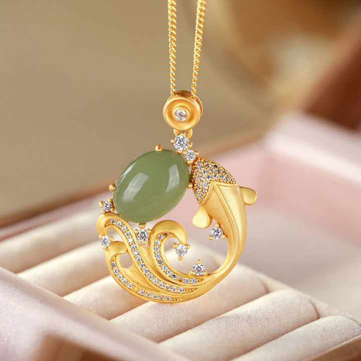 Buddha Stones Cyan Jade Koi Fish Healing Calm Necklace Pendant - 45+5cm - image 1