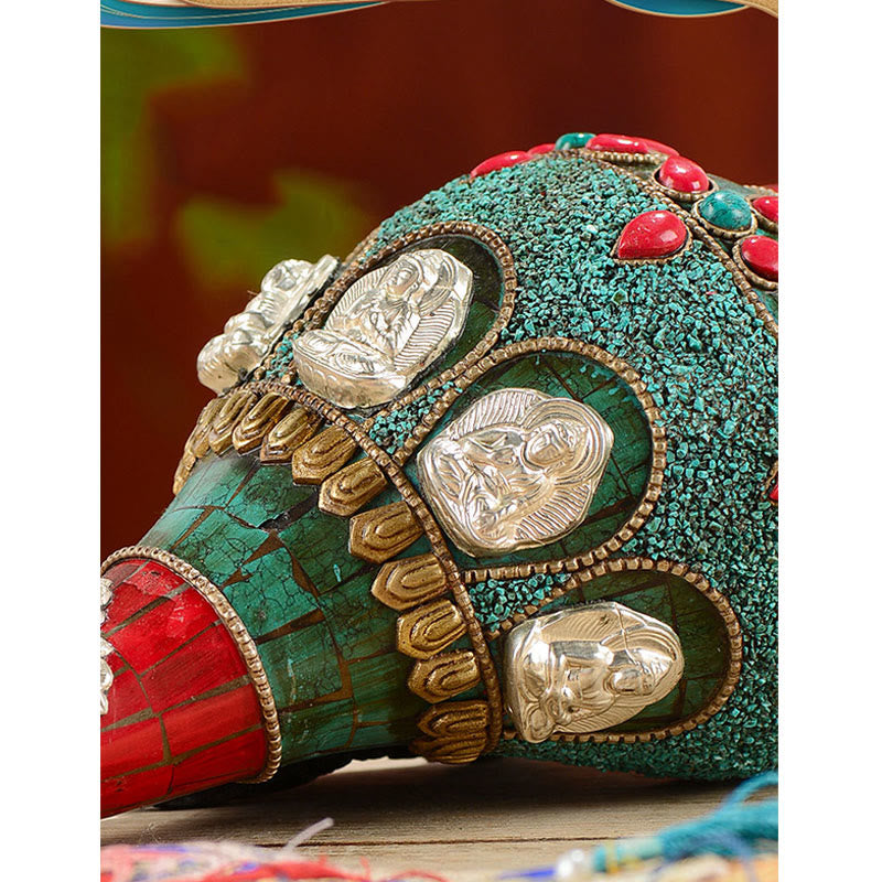 Tibetan Handmade Shankha Om Mani Padme Hum Buddha Avalokitesvara Turquoise Conch Shell Positive Decoration - image 7