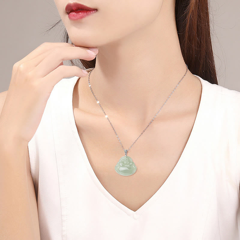 Buddha Stones Natural Jade Laughing Buddha Prosperity Abundance Titanium Steel Chain Necklace Pendant - image 8