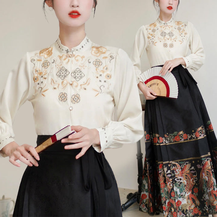 Buddha Stones Long Sleeve Shirt Embroidery Top Chinese Hanfu Phoenix Horse Face Skirt Mamianqun