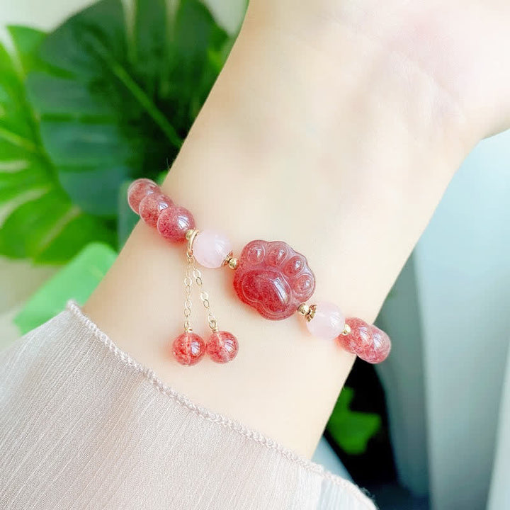 Buddha Stones Natural Strawberry Quartz Pink Crystal Lucky Cat Paw Love Bracelet - image 3