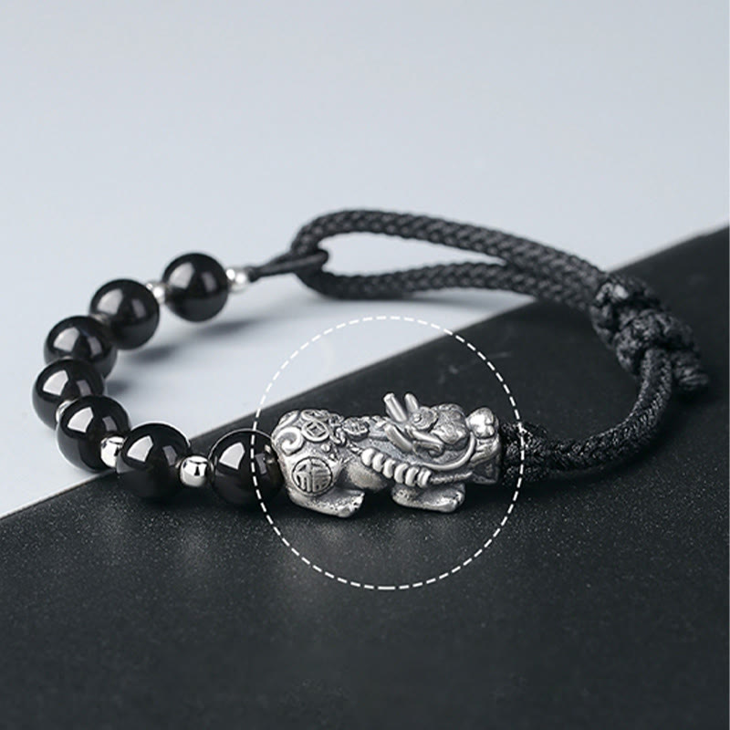 Buddha Stones 999 Sterling Silver FengShui PiXiu Natural Black Obsidian 925 Sterling Silver Bead Strength Bracelet - image 4