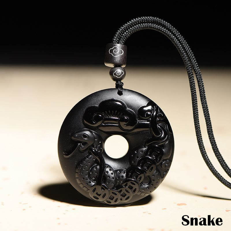Buddha Stones Chinese Zodiac Natural Black Obsidian Peace Buckle Strength Necklace Pendant - Snake - image 17
