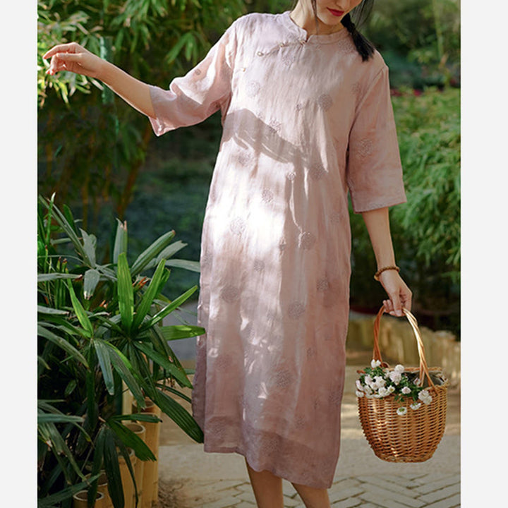 Buddha Stones Dandelion Flower Embroidery Half Sleeve Ramie Linen Chinese Cheongsam Midi Dress With Pockets