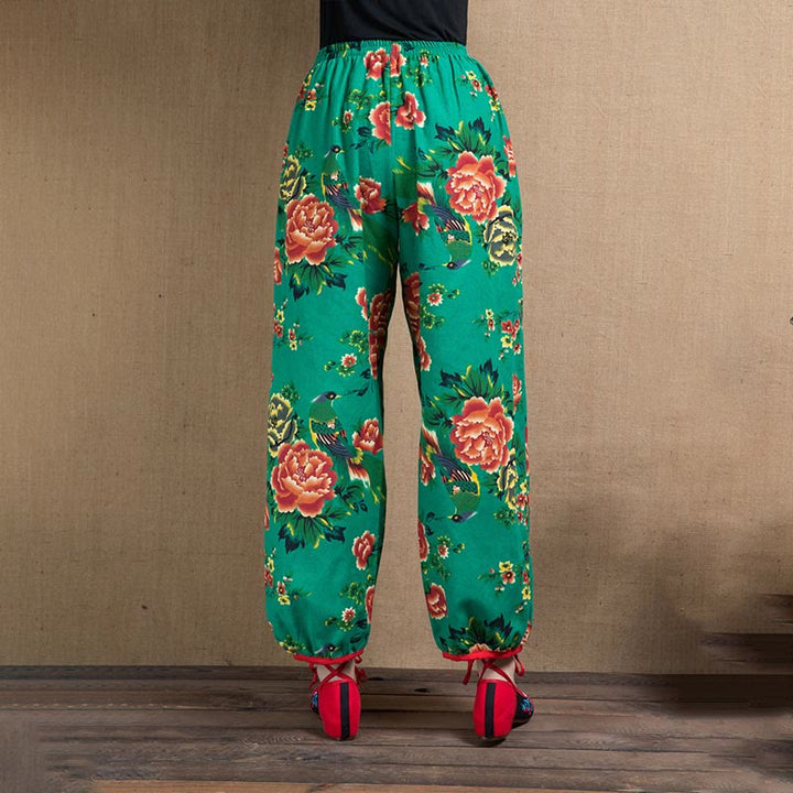 Buddha Stones Ethnic Style Red Green Flowers Print Harem Pants With Pockets