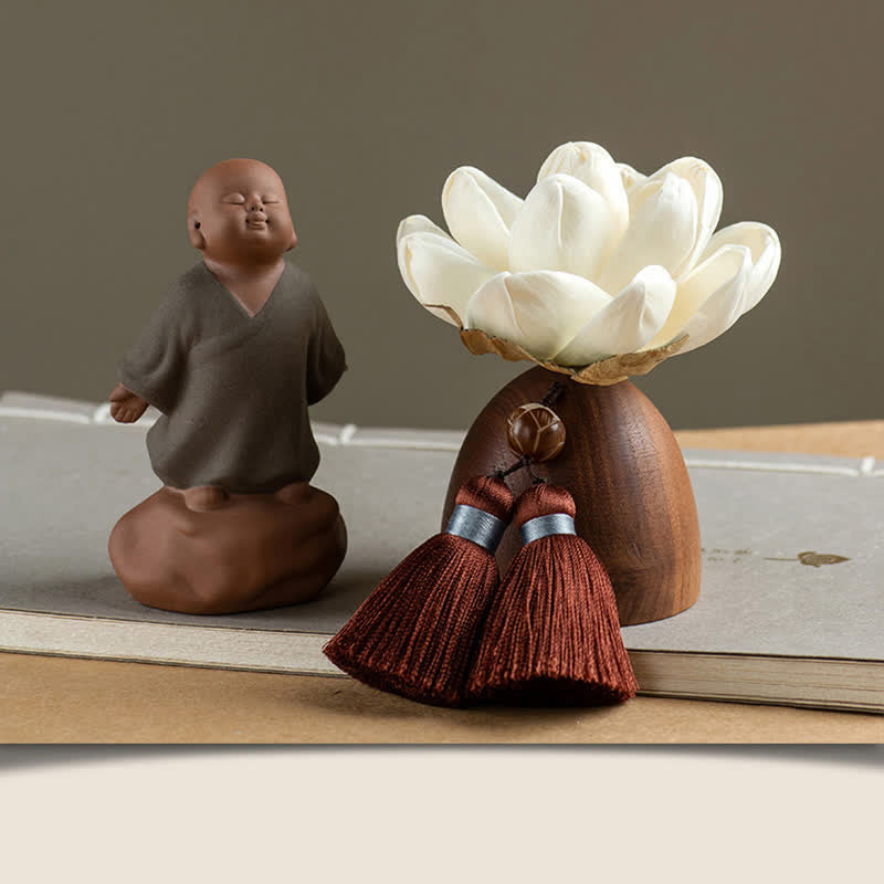 Black Peach Wood Buddha Flower Calm Cure Decorations - Little Monk Standing - image 15
