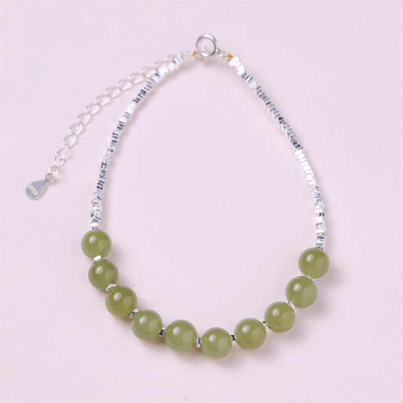 Buddha Stones 925 Sterling Silver Hetian Jade Bead Luck Chain Bracelet - Hetian Jade(Prosperity♥Abundance) - image 0
