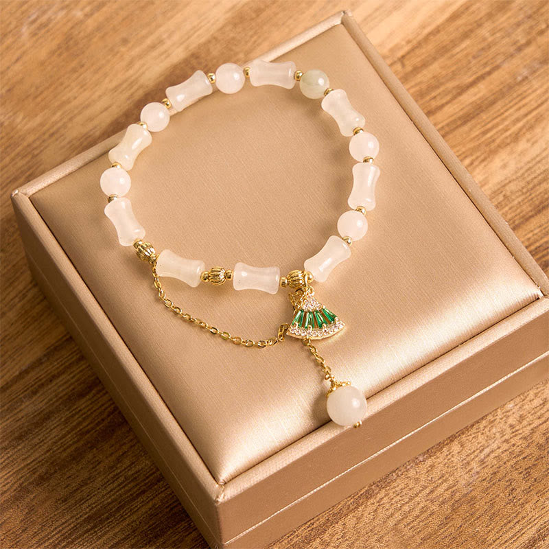 Buddha Stones Tianshan White Jade Bamboo Pattern Luck Blessing Bracelet