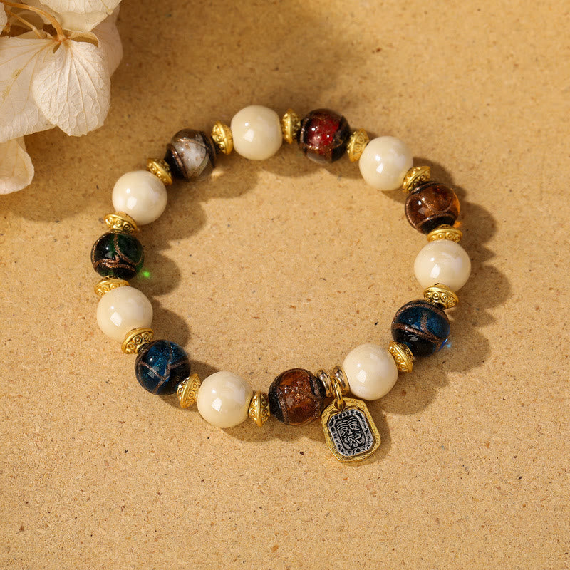 Buddha Stones Tibetan Zakiram Goddess of Wealth Charm Liuli Glass Incense Ash Porcelain Bead Protection Bracelet - Beige Porcelain - Multicolored Liuli Glass Bead - image 13