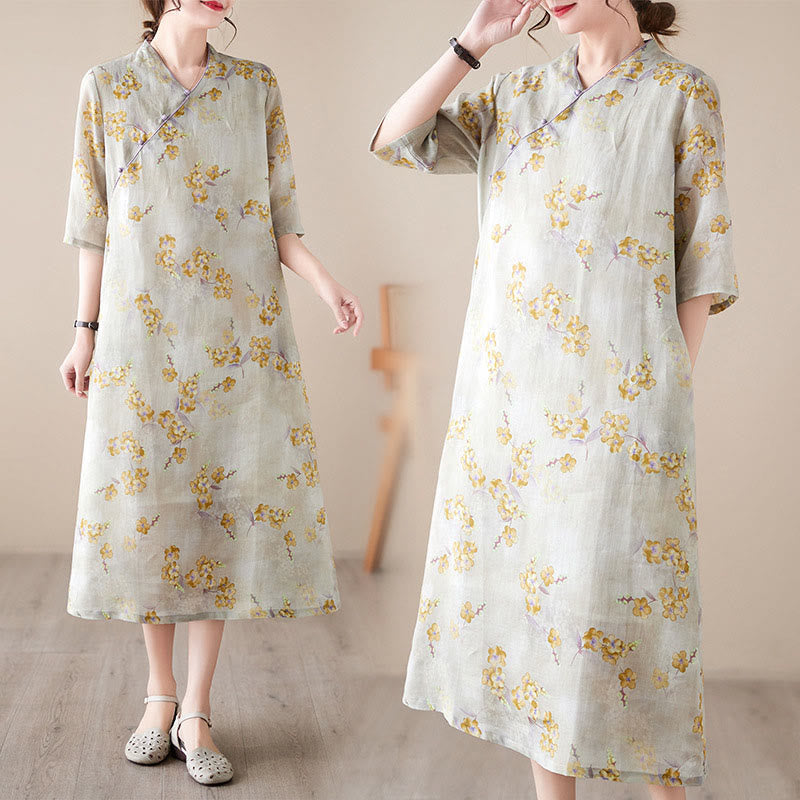 Buddha Stones Yellow Flowers Print Cheongsam Midi Dress Cotton Linen Half Sleeve Dress With Pockets