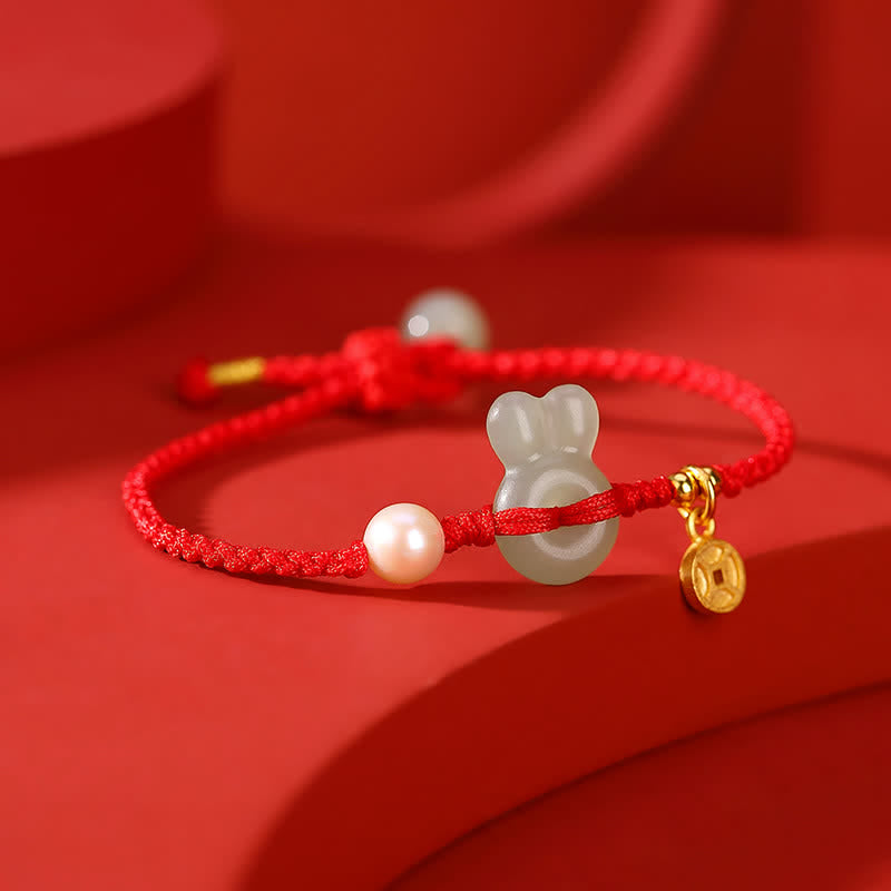 925 Sterling Silver Year of the Rabbit Hetian Jade Copper Coin Wealth Red String Bracelet