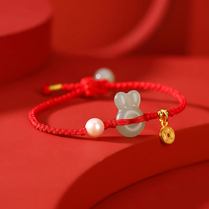 925 Sterling Silver Year of the Rabbit Hetian Jade Copper Coin Wealth Red String Bracelet