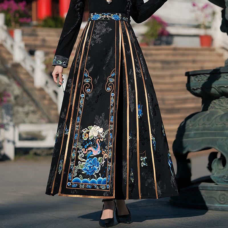 Buddha Stones Long Sleeve T-Shirt Top Tee Chinese Hanfu Embroidery Colorful Peony Flowers Horse Face Skirt Mamianqun