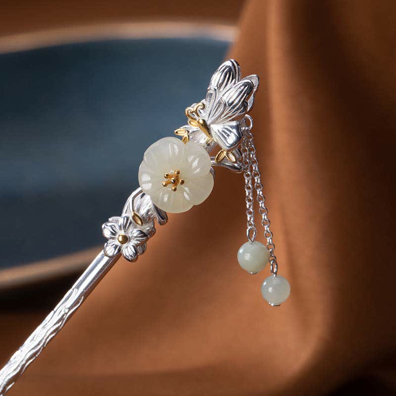 925 Sterling Silver Hetian White Jade Flower Blessing Hairpin - image 11