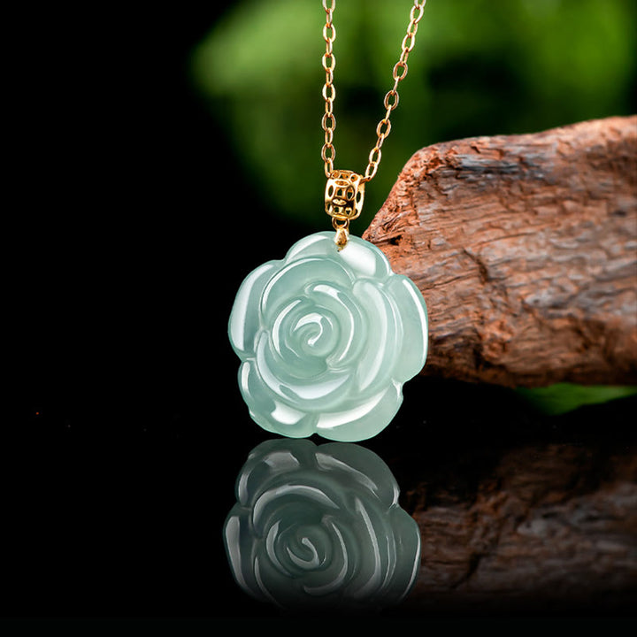 Buddha Stones 18K Gold Buckle 925 Sterling Silver Chain Natural Jade Rose Luck Necklace Pendant - image 4