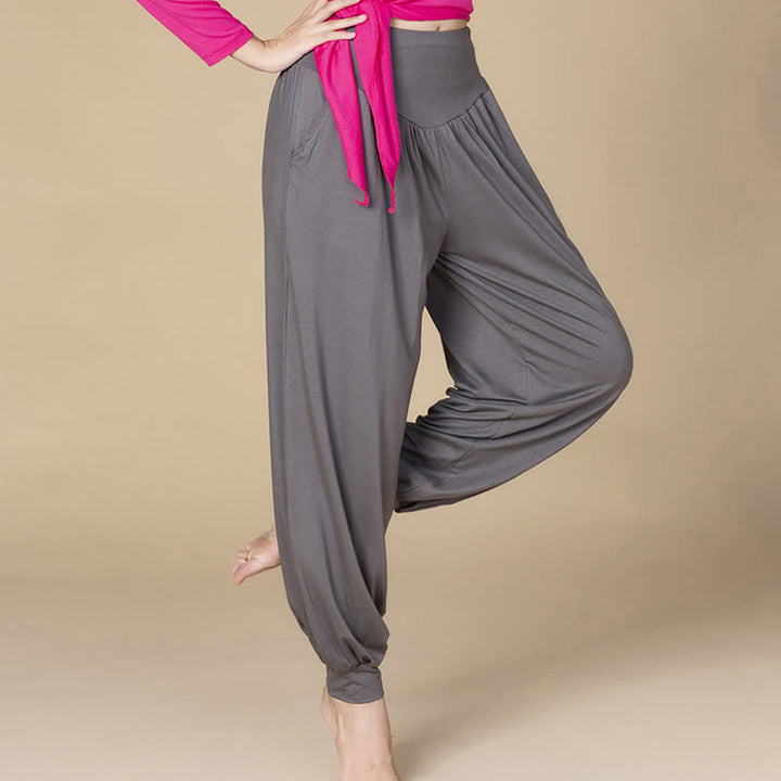 Buddha Stones Solid Color Modal Yoga Dance High Waist Harem Pants With Pockets