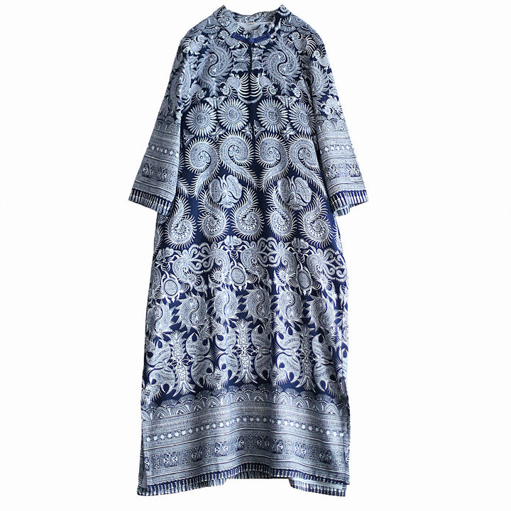 Buddha Stones Blue And White Porcelain Pattern Frog-button Midi Dress Three Quarter Sleeve Linen Batik Dress With Pockets