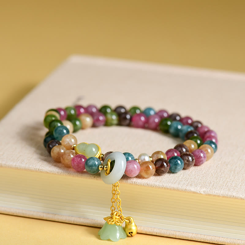 Buddha Stones Multicolored Tourmaline Gourd Wisdom Double Wrap Lily Of The Valley Charm Bracelet