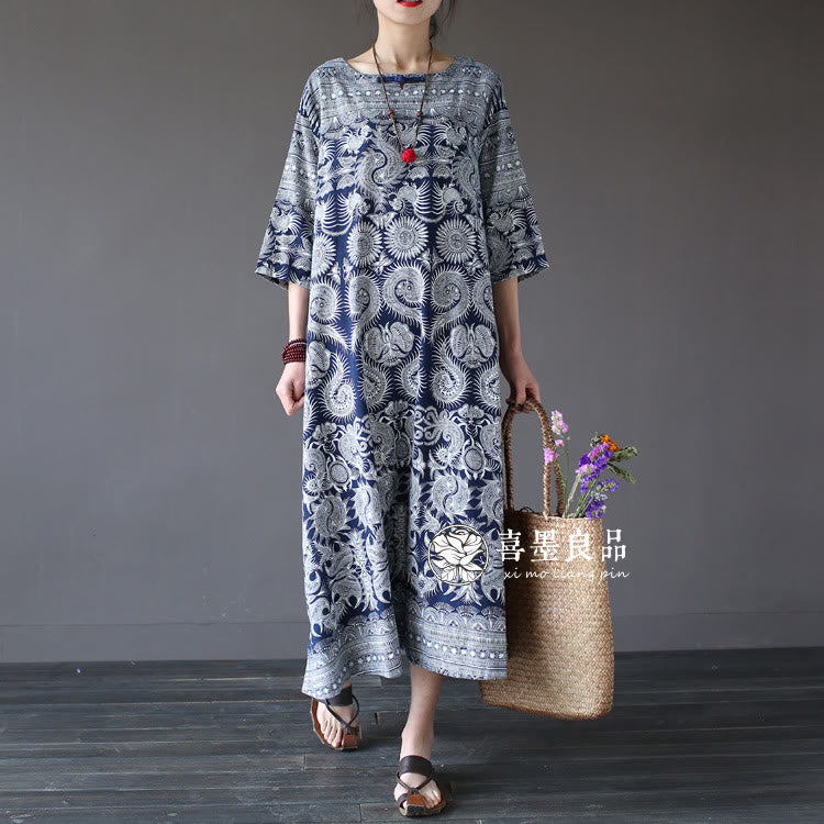 Buddha Stones Blue White Flower Printed Button Midi Dress Three Quarter Sleeve Cotton Linen Dress With Pockets