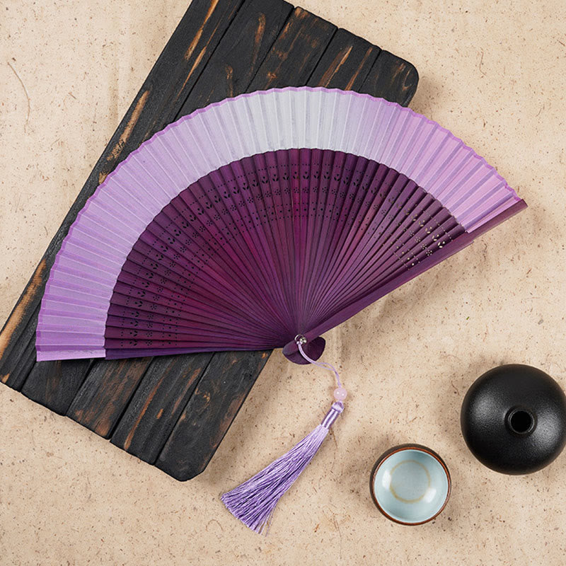 Buddha Stones Solid Color Gradient Hollow Engraved Handheld Bamboo Folding Fan