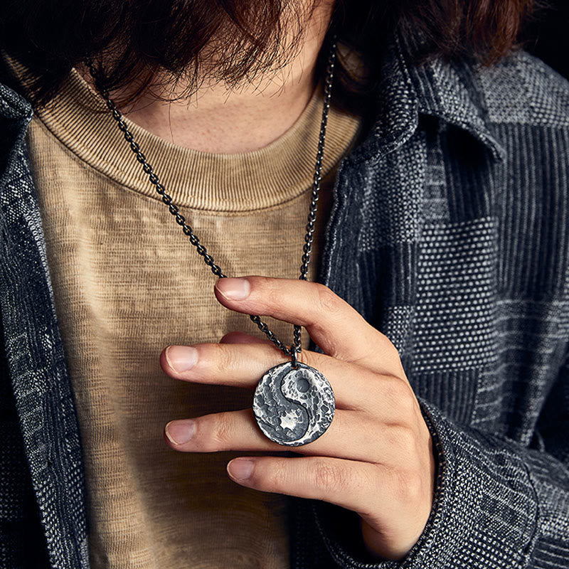 Buddha Stones 990 Sterling Silver Yin Yang Hammer Texture Harmony Necklace Pendant - image 4