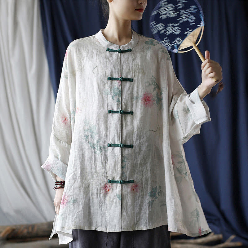 Buddha Stones White Red Flowers Green Leaves Frog-Button Long Sleeve Ramie Linen Jacket Shirt